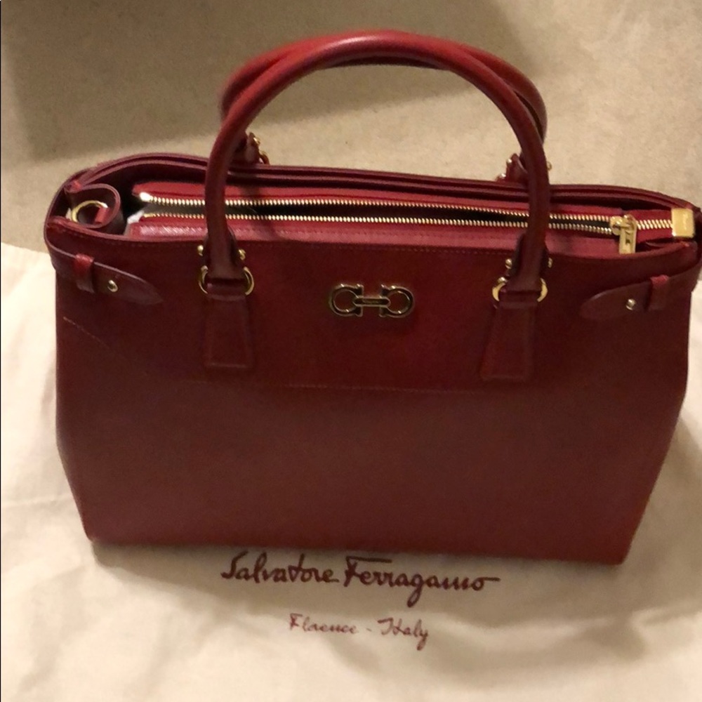 Salvatore Ferragamo Red Leather Large Handbag New